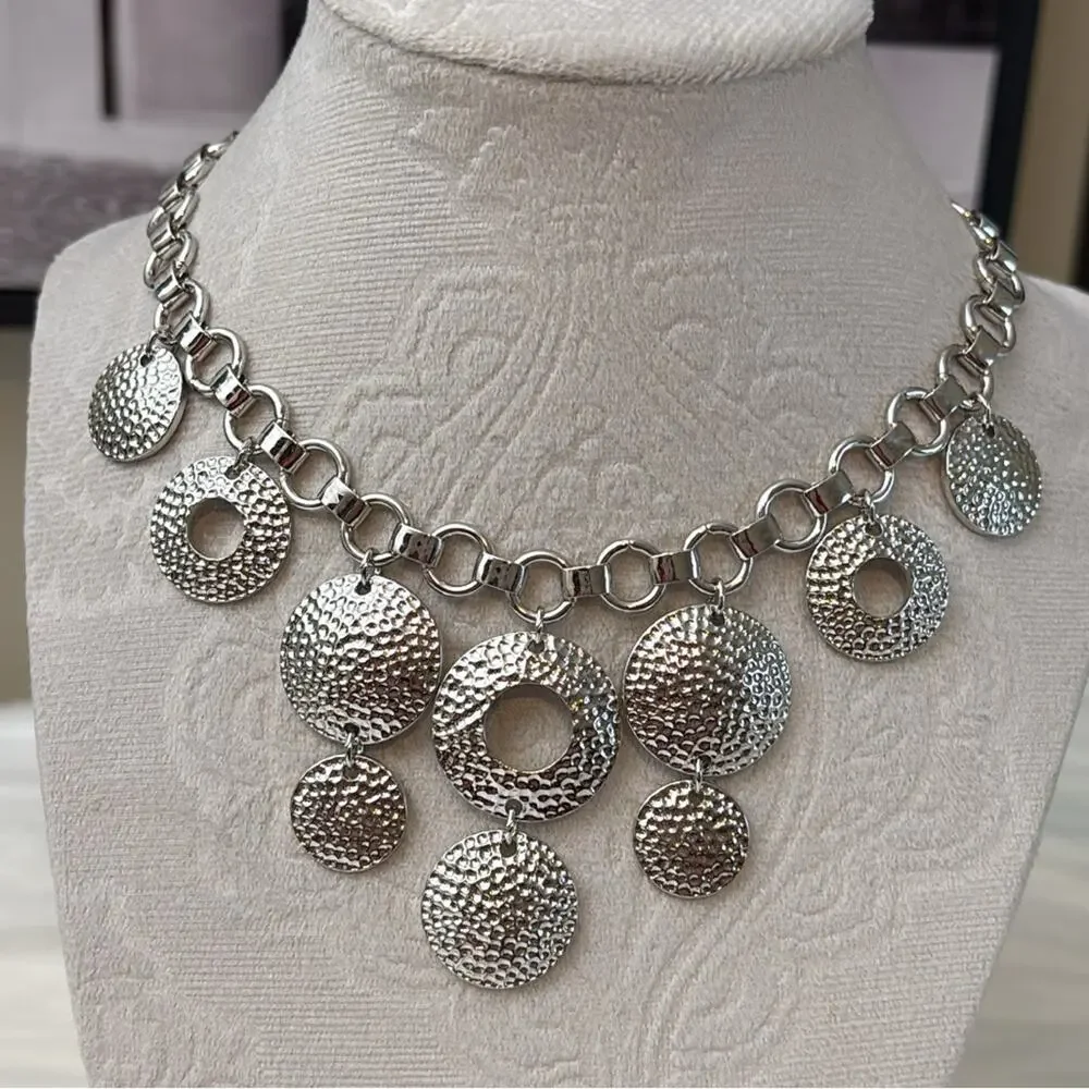 Nina Ricci Silver Textured Disc Pendant Necklace
